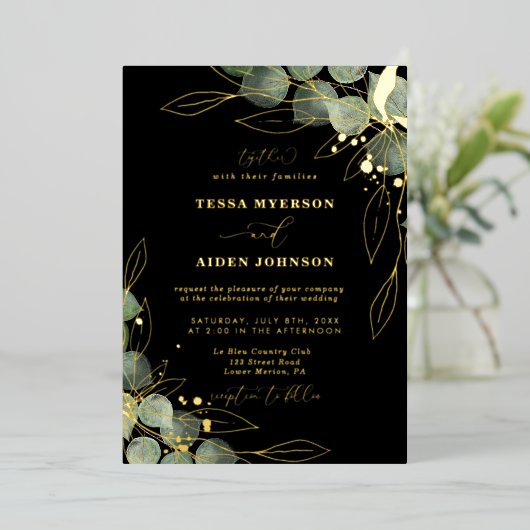 Elegant Eucalyptus Wedding Gold Foil Uitnodiging (Staand Voorkant)