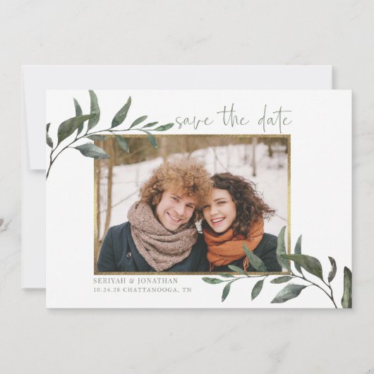Elegant Eucalyptus Wedding Save the Date Photo Feestdagenkaart (Voorkant)