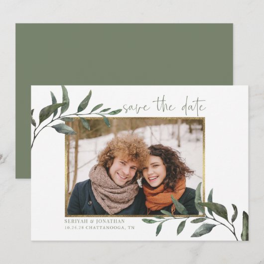 Elegant Eucalyptus Wedding Save the Date Photo Feestdagenkaart (Voorkant / Achterkant)