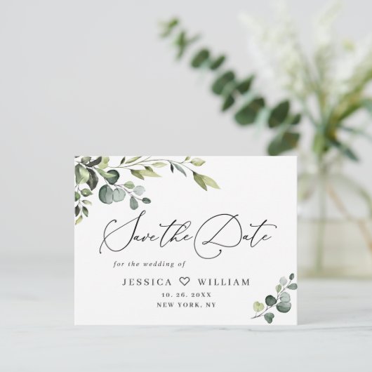 Elegant Eucalyptus Wedding Save the Date QR Code Briefkaart (Staand voorkant)