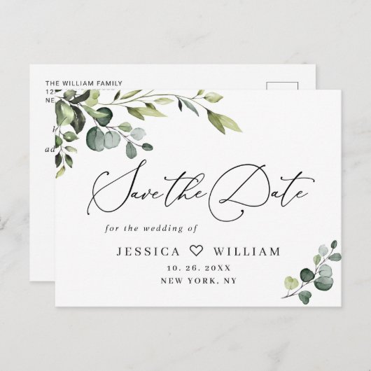 Elegant Eucalyptus Wedding Save the Date QR Code Briefkaart (Voorkant / Achterkant)
