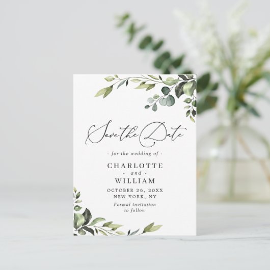 Elegant Eucalyptus Wedding Save the Date QR Code Briefkaart (Staand voorkant)