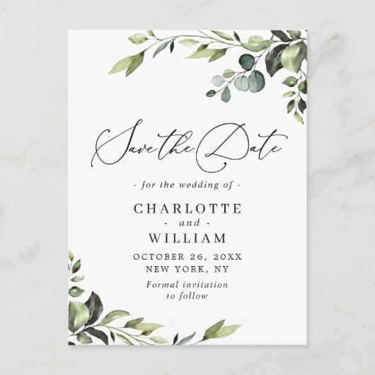Elegant Eucalyptus Wedding Save the Date QR Code Briefkaart (Voorkant)