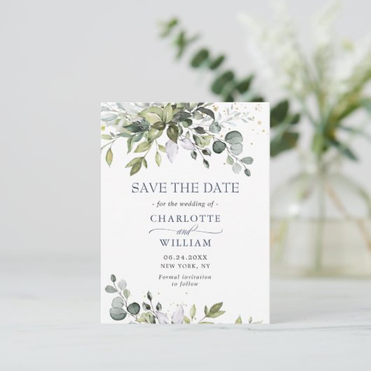 Elegant Eucalyptus Wedding Save the Date QR Code Briefkaart (Staand voorkant)