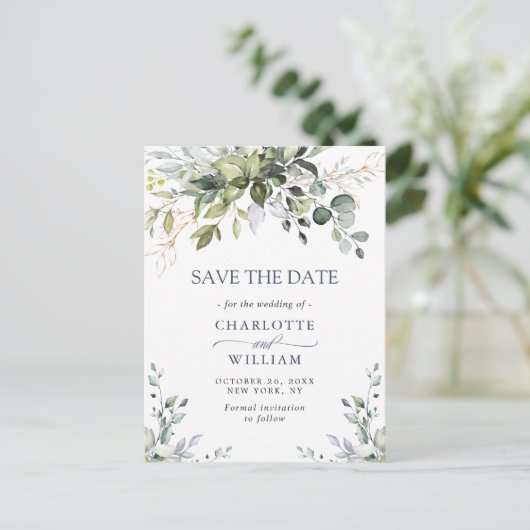 Elegant Eucalyptus Wedding Save the Date QR Code Briefkaart (Staand voorkant)