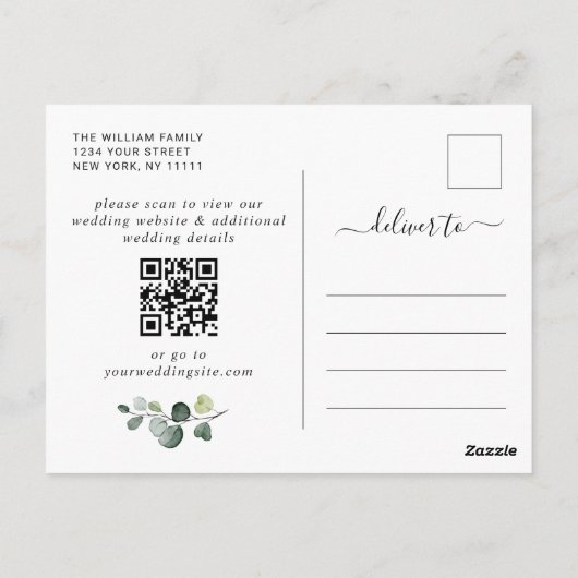 Elegant Eucalyptus Wedding Save the Date QR Code Briefkaart (Achterkant)