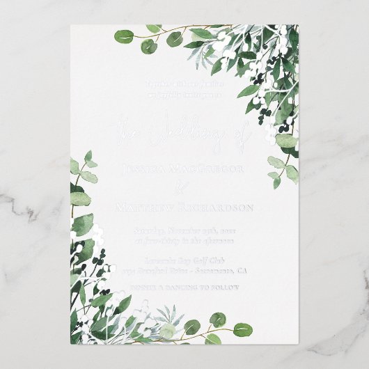 Elegant Eucalyptus Wedding Silver Folie Uitnodiging (Voorkant)
