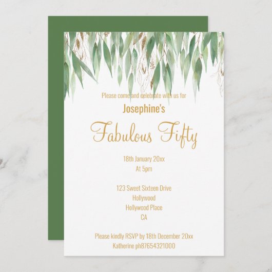 ELEGANT EUCALYPTUS WHITE GOLD CUSTOM INVITATION KAART (Voorkant / Achterkant)