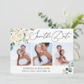 Elegant Eucalyptus White Roses 3 PHOTO Weddenschap Save The Date (Staand voorkant)