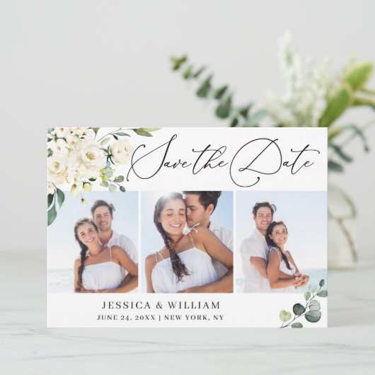 Elegant Eucalyptus White Roses 3 PHOTO Weddenschap Save The Date (Staand voorkant)