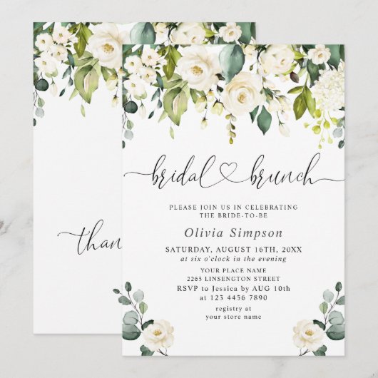 Elegant Eucalyptus White Roses Bridal Brunch Kaart (Voorkant / Achterkant)