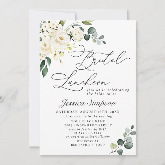 Elegant Eucalyptus White Roses Bridal Luncheon Kaart (Voorkant)