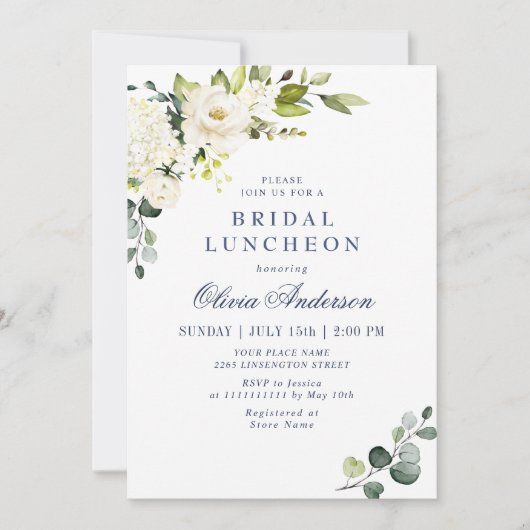 Elegant Eucalyptus White Roses BRIDAL LUNCHEON Kaart (Voorkant)