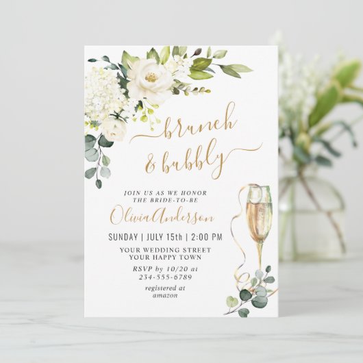 Elegant Eucalyptus White Roses Brunch & Bubble Kaart (Staand voorkant)