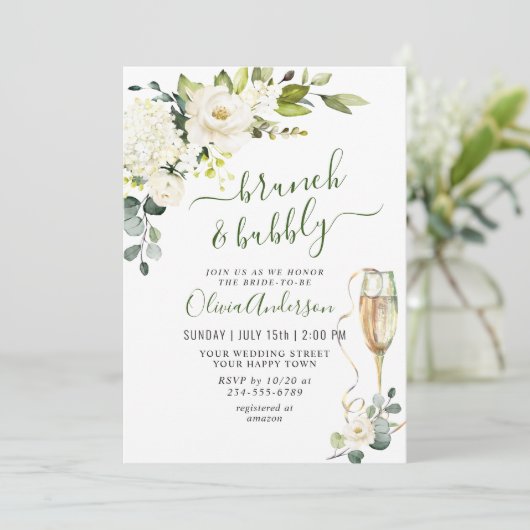 Elegant Eucalyptus White Roses Brunch & Bubble Kaart (Staand voorkant)