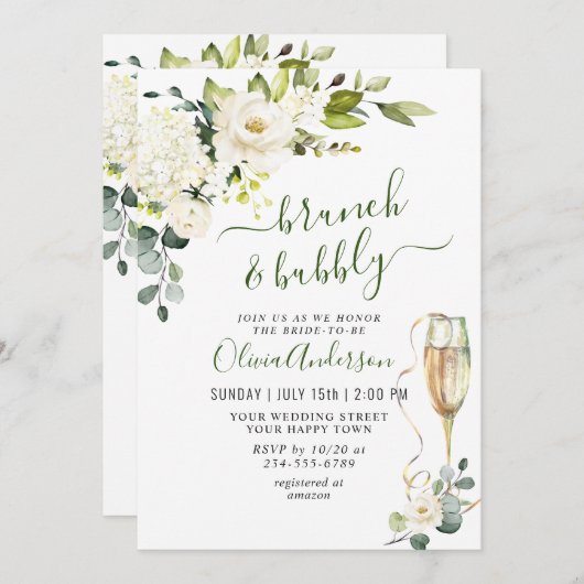 Elegant Eucalyptus White Roses Brunch & Bubble Kaart (Voorkant / Achterkant)