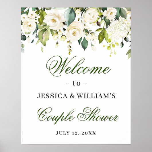 Elegant Eucalyptus White Roses Couples Shower Poster (Voorkant)
