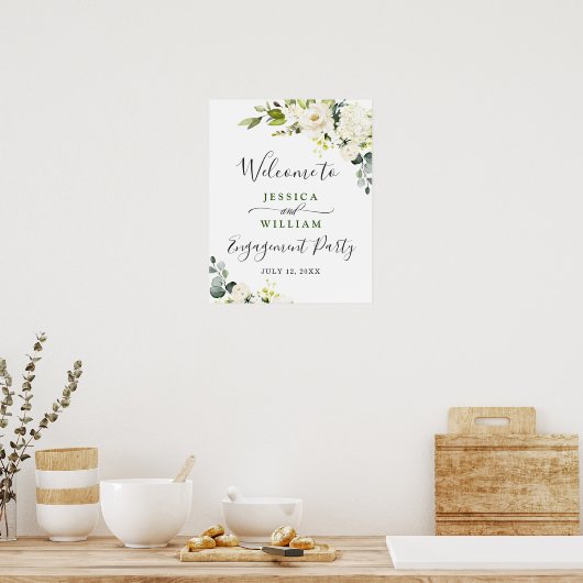 Elegant Eucalyptus White Roses Engagement Party Poster (Keuken)