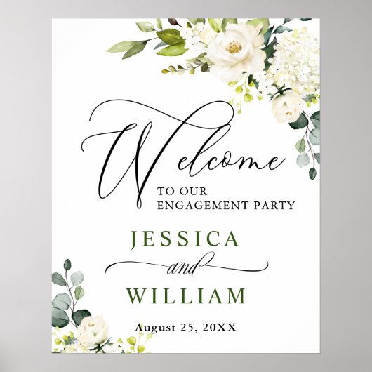 Elegant Eucalyptus White Roses Engagement Party Poster (Voorkant)