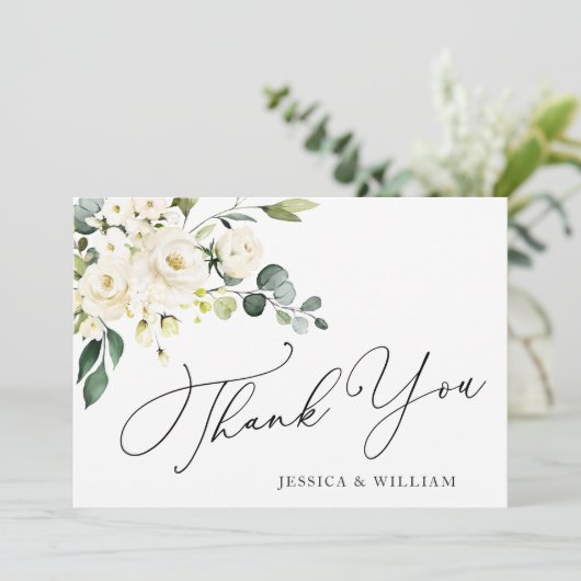 Elegant Eucalyptus White Roses Floral Bedankkaart (Staand voorkant)
