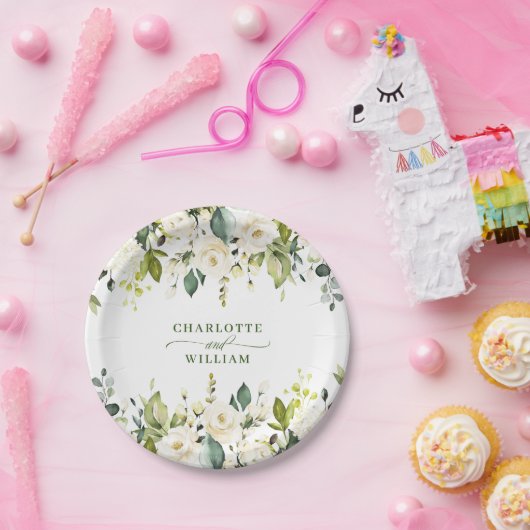 Elegant Eucalyptus White Roses Floral Wedding Papieren Bordje (Feest)