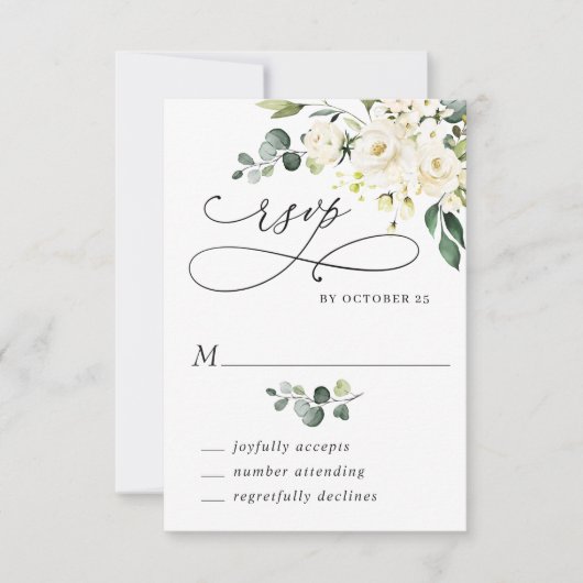 Elegant Eucalyptus White Roses Floral Wedding RSVP Kaartje (Voorkant)