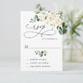 Elegant Eucalyptus White Roses Floral Wedding RSVP Kaartje (Staand voorkant)