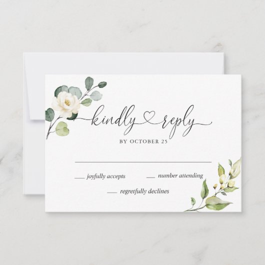 Elegant Eucalyptus White Roses Floral Wedding RSVP Kaartje (Voorkant)