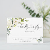 Elegant Eucalyptus White Roses Floral Wedding RSVP Kaartje (Staand voorkant)