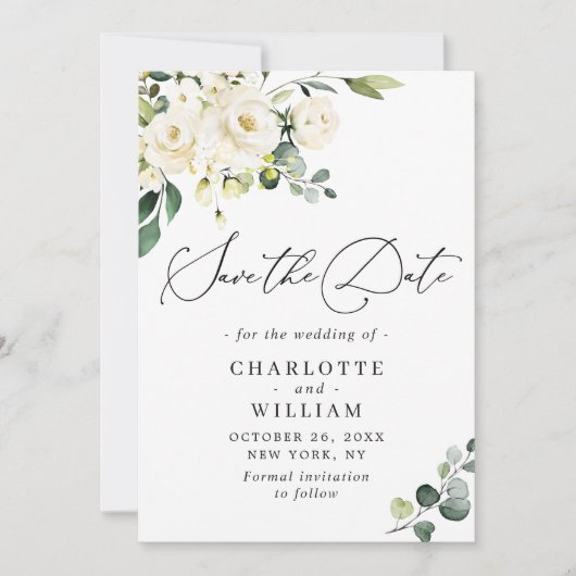 Elegant Eucalyptus White Roses Floral Wedding Save The Date (Voorkant)