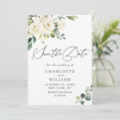 Elegant Eucalyptus White Roses Floral Wedding Save The Date (Staand voorkant)