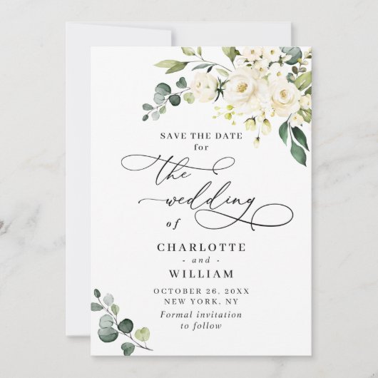 Elegant Eucalyptus White Roses Floral Wedding Save The Date (Voorkant)