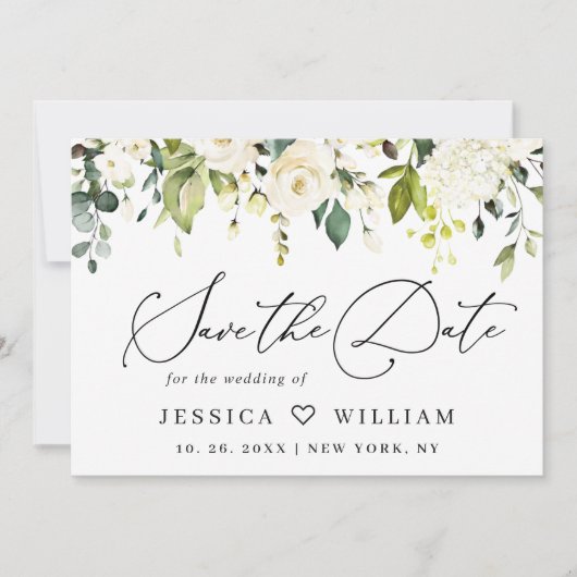 Elegant Eucalyptus White Roses Floral Wedding Save The Date (Voorkant)