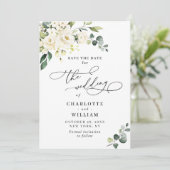 Elegant Eucalyptus White Roses Floral Wedding Save The Date (Staand voorkant)