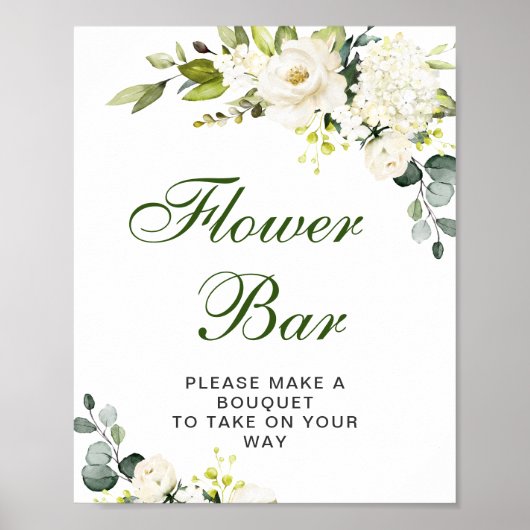 Elegant Eucalyptus White Roses Flower Bar Sign Poster (Voorkant)