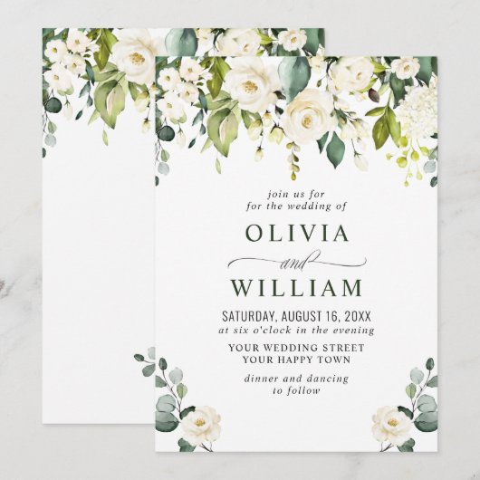 Elegant Eucalyptus White Roses Greenery Wedding Kaart (Voorkant / Achterkant)