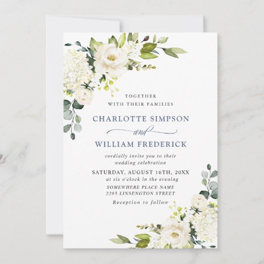 Elegant Eucalyptus White Roses Greenery Wedding Kaart (Voorkant)