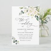 Elegant Eucalyptus White Roses Greenery Wedding Kaart (Staand voorkant)