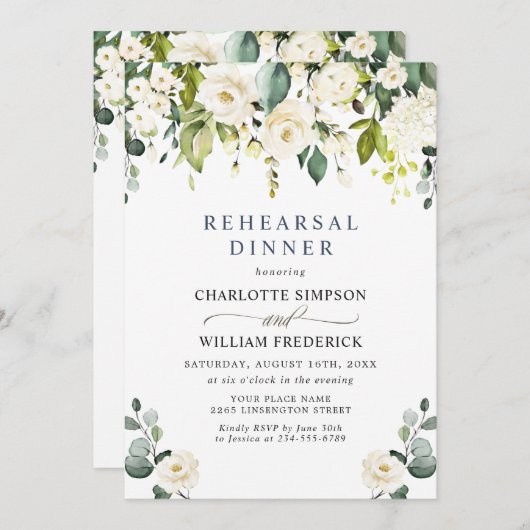Elegant Eucalyptus White Roses REHEARSAL DINNER Kaart (Voorkant / Achterkant)