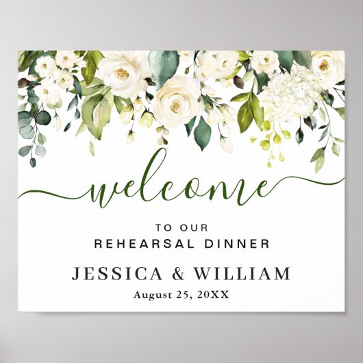 Elegant Eucalyptus White Roses REHEARSAL DINNER Po Poster (Voorkant)