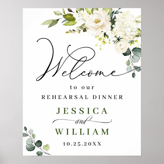 Elegant Eucalyptus White Roses Rehearsal Dinner Poster (Voorkant)