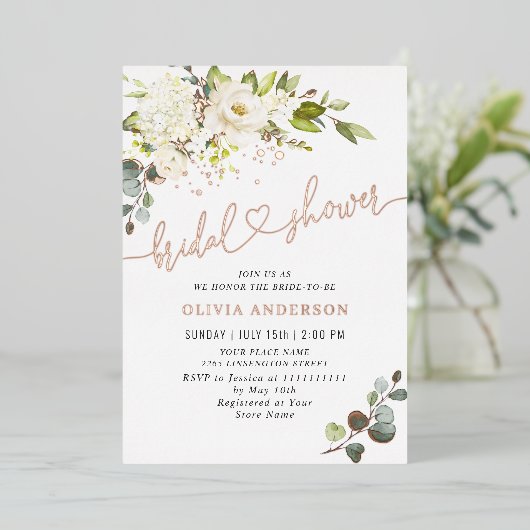 Elegant Eucalyptus White Roses Vrijgezellenfeest G Folie Uitnodiging (Staand Voorkant)