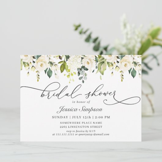 Elegant Eucalyptus White Roses Vrijgezellenfeest Kaart (Staand voorkant)