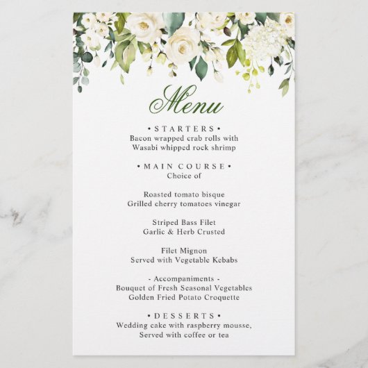 Elegant Eucalyptus White Roses Weddenrenmenu (Voorkant)