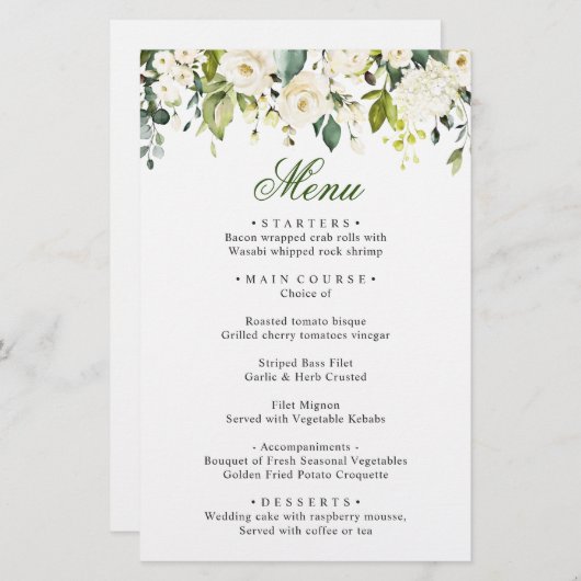 Elegant Eucalyptus White Roses Weddenrenmenu (Voorkant / Achterkant)