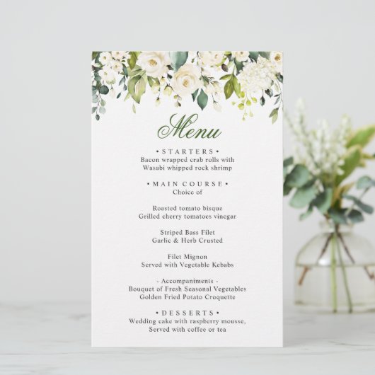 Elegant Eucalyptus White Roses Weddenrenmenu (Staand voorkant)