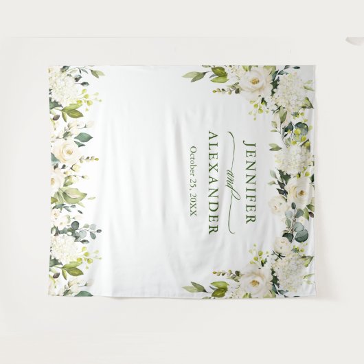 Elegant Eucalyptus White Roses Weddenschap Backdro Wandkleed (Voorkant (horizontaal))