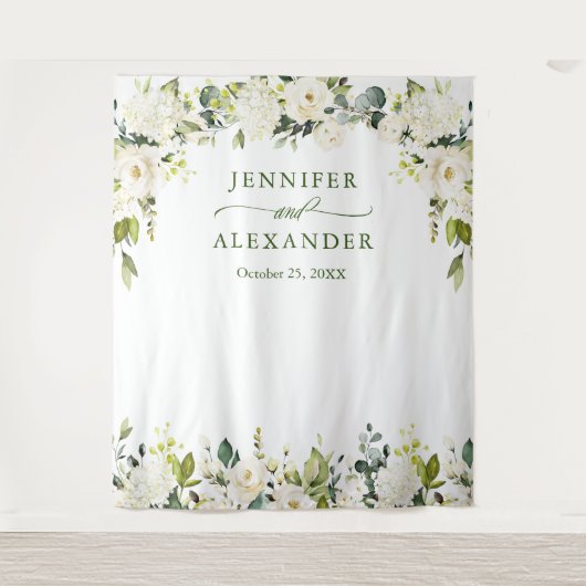 Elegant Eucalyptus White Roses Weddenschap Backdro Wandkleed (Voorkant)