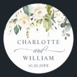 Elegant Eucalyptus White Roses Weddenschap Bedankt Ronde Sticker<br><div class="desc">Voor verdere aanpassing,  te klikken gelieve de "pas verder"verbinding aan en ons ontwerphulpmiddel te gebruiken om deze sjabloon te wijzigen. Neem contact met me op als je hulp of overeenkomende objecten nodig hebt.</div>