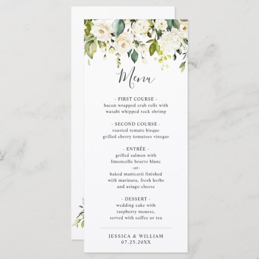 Elegant Eucalyptus White Roses Weddenschap Dinner Menu (Voorkant / Achterkant)
